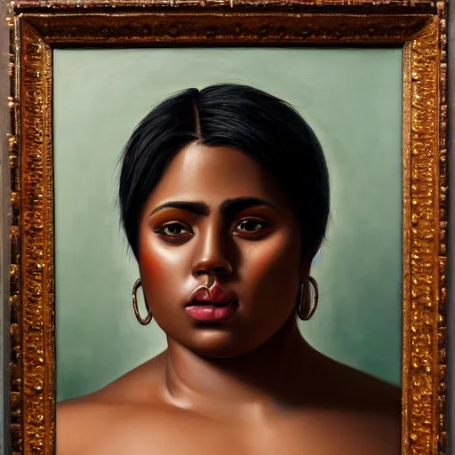 Prompt: A portrait of a strong and thick attractive non-binary person, dark tone skin, Mexican, oil painting, majestic, detailed, high resolution