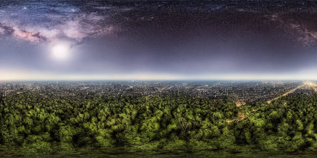 Image similar to a big industrial city metropoli in the distance, cloudy dark sky, it's late at night the moon and the milky way shine, a forest in the foreground, 3 6 0 render panorama, equirectangular projection, seamless