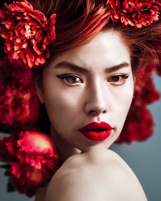 Image similar to Portrait of a woman, close-up, high sharpness, zeiss lens, fashion photo shoot, peony flowers, red hair, red lipstick, in the background of gold, on their face stratsEnni Leibovitz and Steve McCurry, David Lazar, Zhong Lin, Jimmy Nelsson, Eiko Hosoe , artistic, hyper-realistic, beautiful face, octane rendering