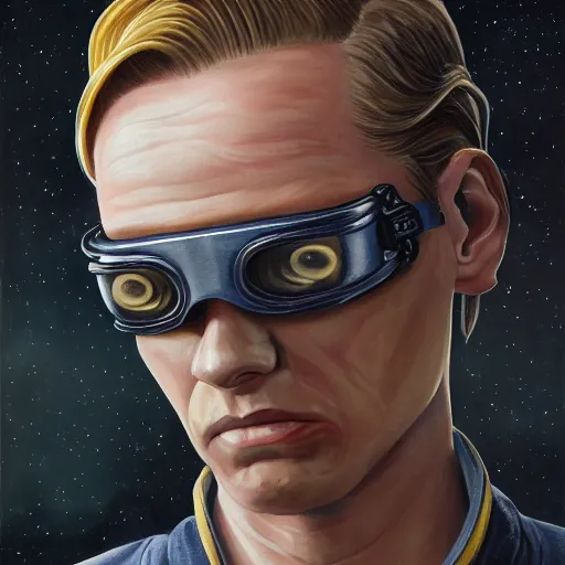 Prompt: painting of square - jawed emotionless serious blonde woman starship engineer, tribal tattoos, handsome, short slicked - back hair, sweating, uncomfortable and anxious, looking distracted and awkward, wearing victorian dark goggles, flight suit and gloves, small spacecraft in background, highly detailed, mike mignogna, trending on artstation