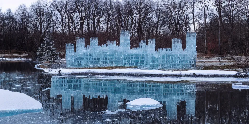 Prompt: a castle made out of ice, reflections, sparkle