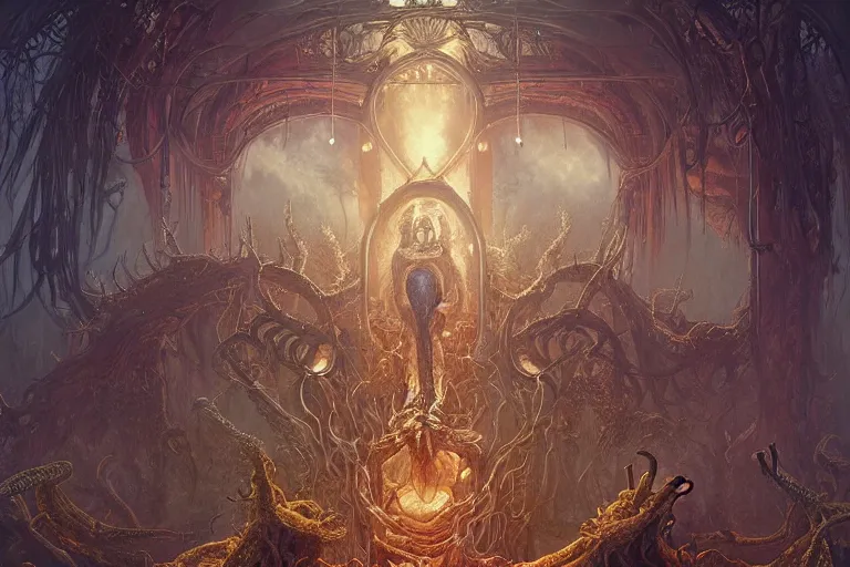 Prompt: a lovecraftian painting of a demonic shrine, occult, sacred ritual, cosmic horror elements, ultra realistic, concept art, intricate details, eerie, highly detailed, photorealistic, octane render, 8 k, unreal engine. art by artgerm and greg rutkowski and alphonse mucha