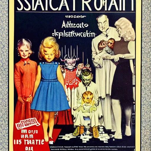 Prompt: Satani States of America, alternate history, 1959 Stepford suburban living, nuclear family, Satanic family, gothic children, drawn by Norman Rockwell