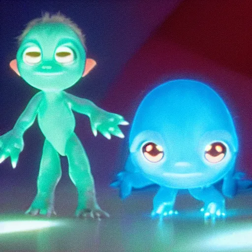 Image similar to cute smiling pixar and chibi style electric blue scaled glowing baby dinosaurs in tron movie, cinestill