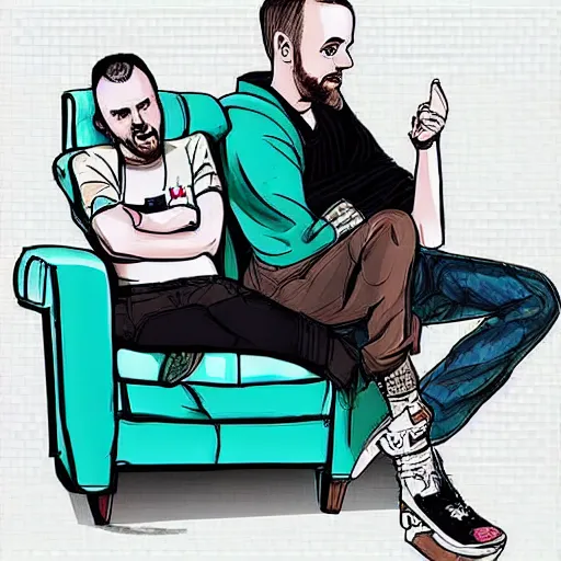 Image similar to a digital art of jessie pinkman and jessie pinkman, sitting on two sofas, watching tv, holding hands, back to the camera, storybook art, detailed, profile shot, featured on artstation