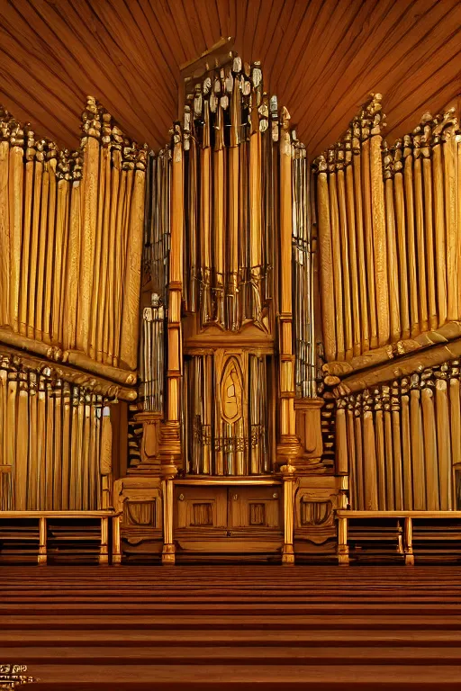 Image similar to a detailed render of an isolated lonely pipe organ in a church, with large golden pipes, trending on artstation, render, 3 d, octane, 4 k, 8 k, unreal engine, cinema 4 d