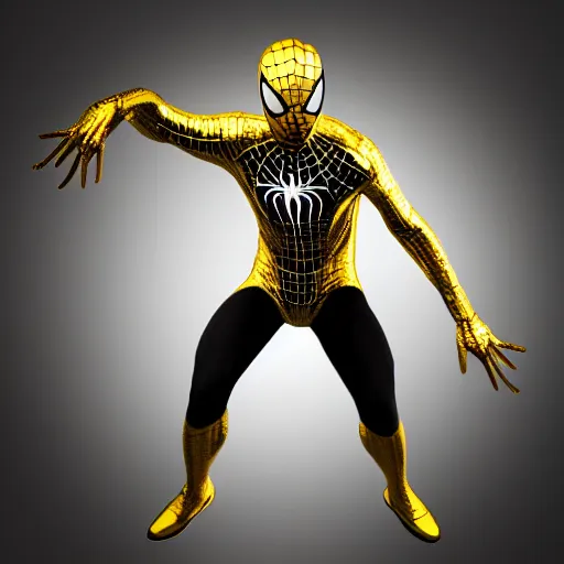 Image similar to gold spider - man suit with black web lining, cinematic, volumetric lighting, realistic, hyperdetailed, photorealistic, photograph