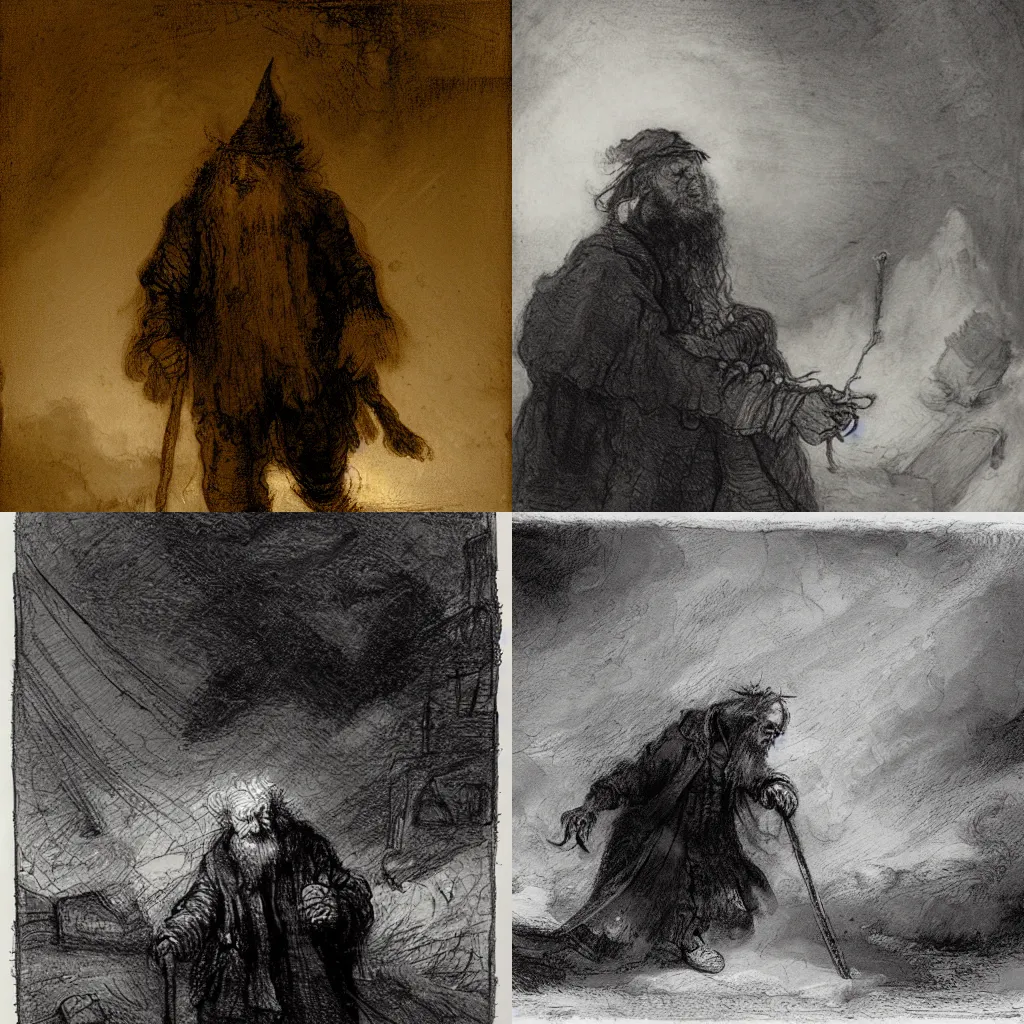 Prompt: a tattered, old wizard is wandering in the storm, sketch by Rembrandt