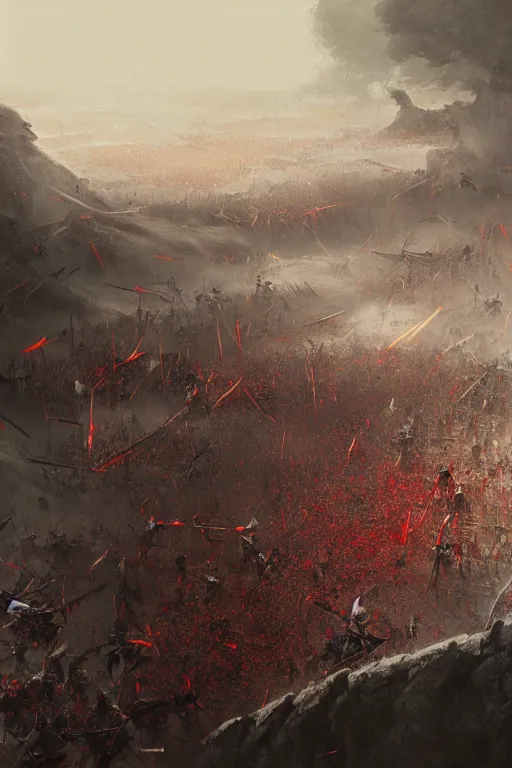 Image similar to bloodiest samurai battle in history. Sashimono. Greg rutkowski legendary matte painting.. 4k, particles light,