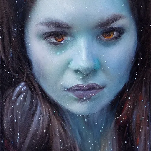 Image similar to ‘ icewind dale ’ themed womanly portrait by ‘ justin sweet ’, frost blue mask, falling snow, soft focus, oil paint,