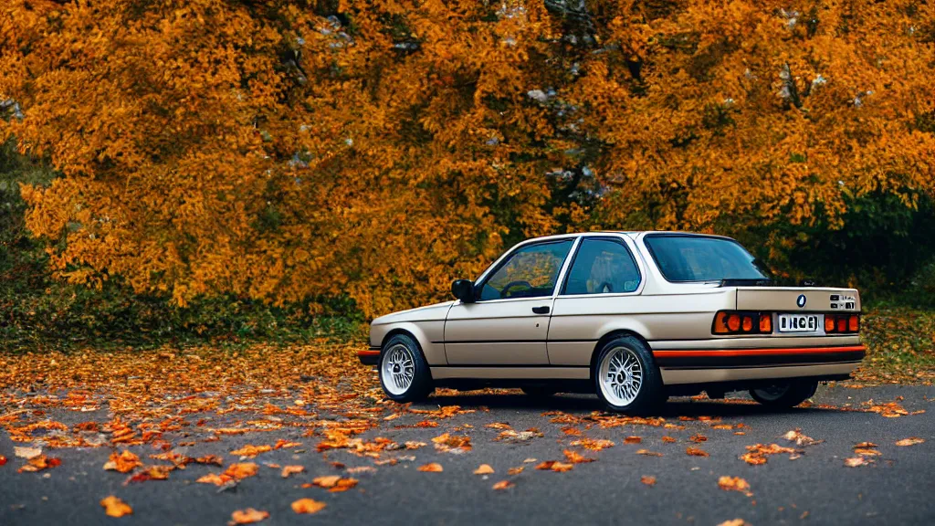 Image similar to a rear shot of a modified bmw e 3 0 driving through autumn leaves, motion blur, 3 5 mm photography, car photography, clean lines, realistic