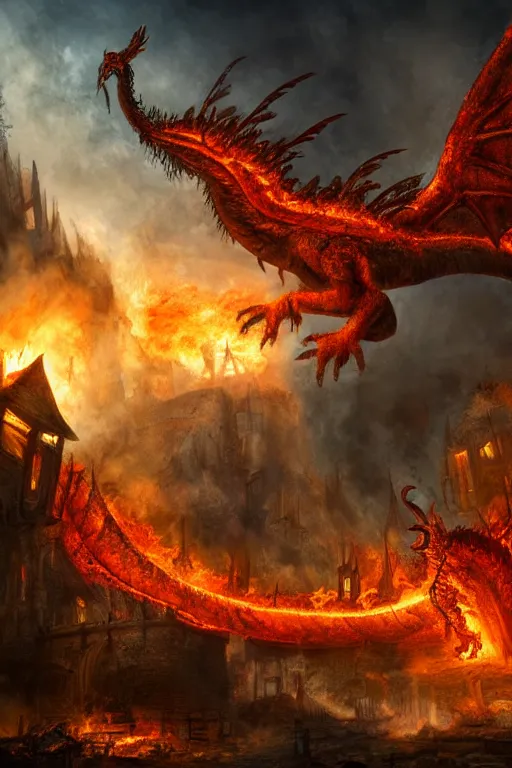 Image similar to a medieval village being attacked by a giant fire dragon, digital art, high quality, 4k HDR, concept art, trending on DeviantArt, highly detailed, tarot card, fantasy style, dramatic lighting, cinematic, path tracing
