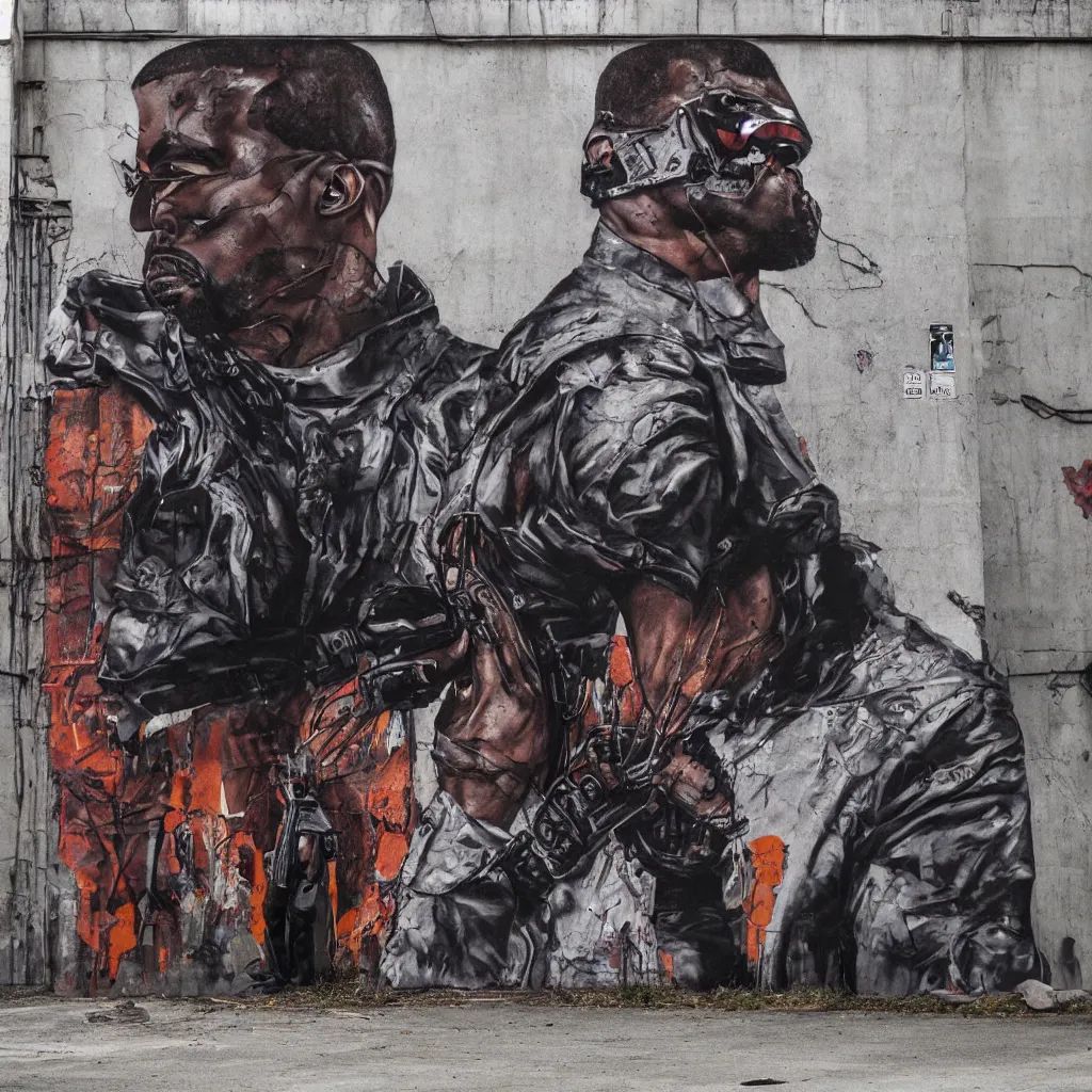 Prompt: kanye west as the terminator, street art, abandoned factory