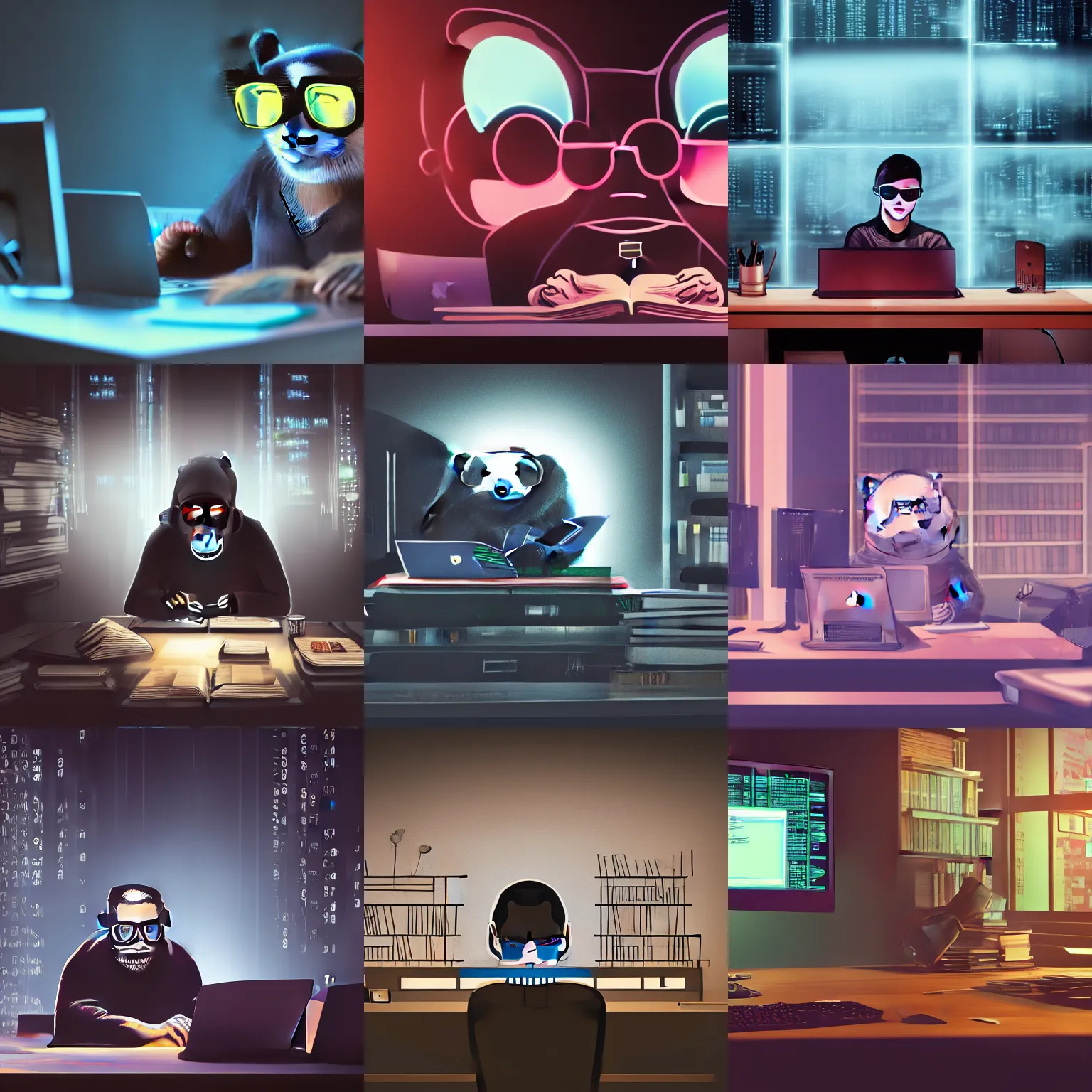 Prompt: a panda wearing metal frame glasses is coding in front of the computer, there are Mac Studio, a bottle of coffee and some closed books on the desk, foggy, mystery code, Cyberpunk, neon light, 4k, hd, highly detailed