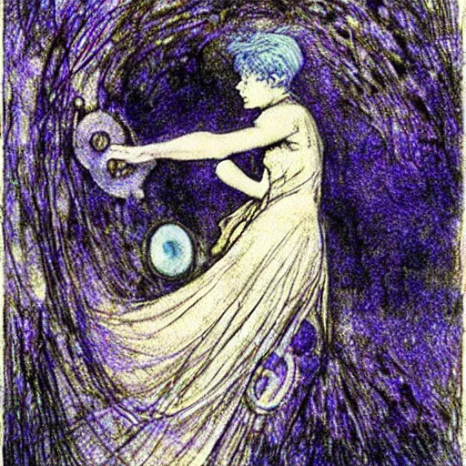 Image similar to A art installation. A rip in spacetime. Did this device in her hand open a portal to another dimension or reality?! blue-violet by Arthur Rackham mournful, spirited