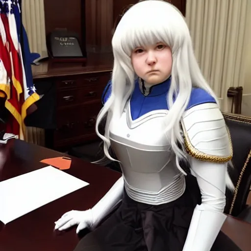 Image similar to a person cosplaying griffith from berserk by kentaro miura sitting at white house desk with american flag at his side