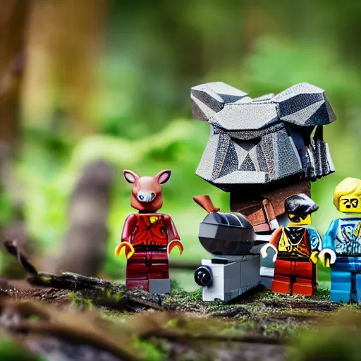 Prompt: lego mini build of forest creatures that live in the imagination forest, product photography, depth of field, cute looking, sharp focus, moebius, character sheet, game concept art