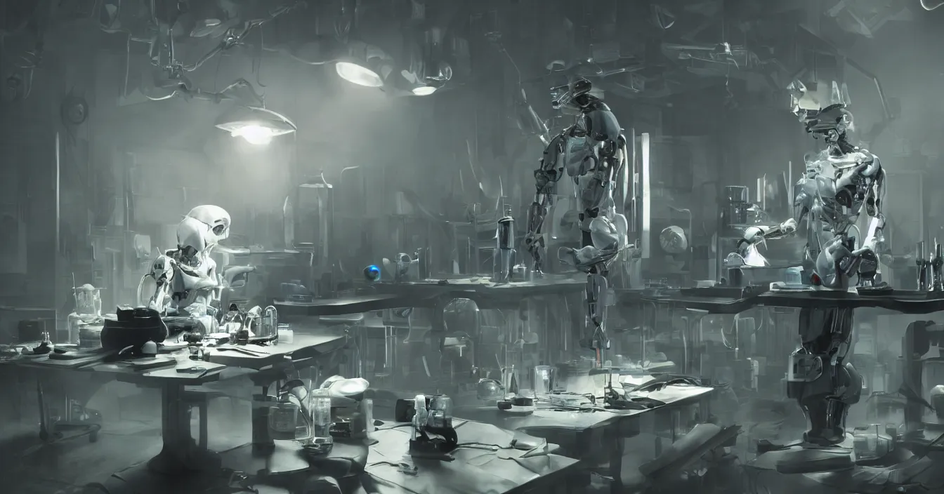 Image similar to realistic image from scifi movie with old doctor creating new humanoid robots in his laboratory, table with scifi tools, reflections, volumetric fog light, dark atmosphere, dramatic cinematic composition, depth, defocus, rendered in vray, raytracing, raymarching, by ilm, digital domain, weta digital