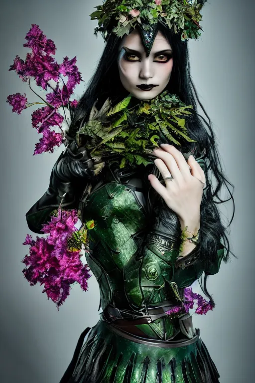 Prompt: very beautiful orcish top model, dark green hair, wearing valentin yudashkin gothic victorian armor with leaves and flowers, luxury materials, symmetrical, cinematic, elegant, professional studio light, real dlsr photography, sharp focus, 4 k, ultra hd, sense of awe, high fashion