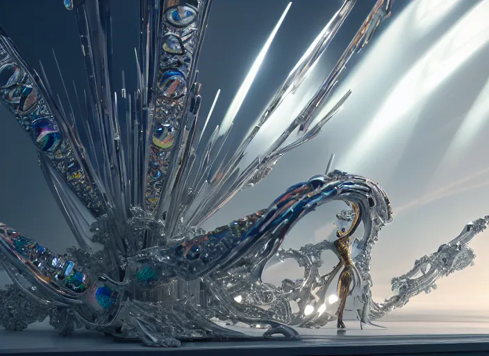 Prompt: ceremonial state coach, white pearlescent, chrome, iridescent titanium, crystal, liquid gold, copper, bronze hybrid biomechanical architecture, cinematic, crystalline masterpiece incrustations, hyperdetailed metalwork, in volumetric soft glowing mist, movie still, octane render, pixar, crepuscular rays,