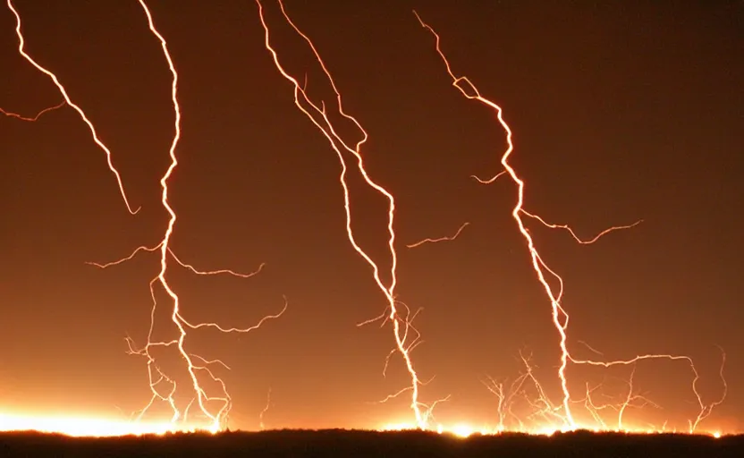 Image similar to red lightning bolts shoot from the ground, night, field, fire and smoke visible on the horizon, unsettling, 2005 photo
