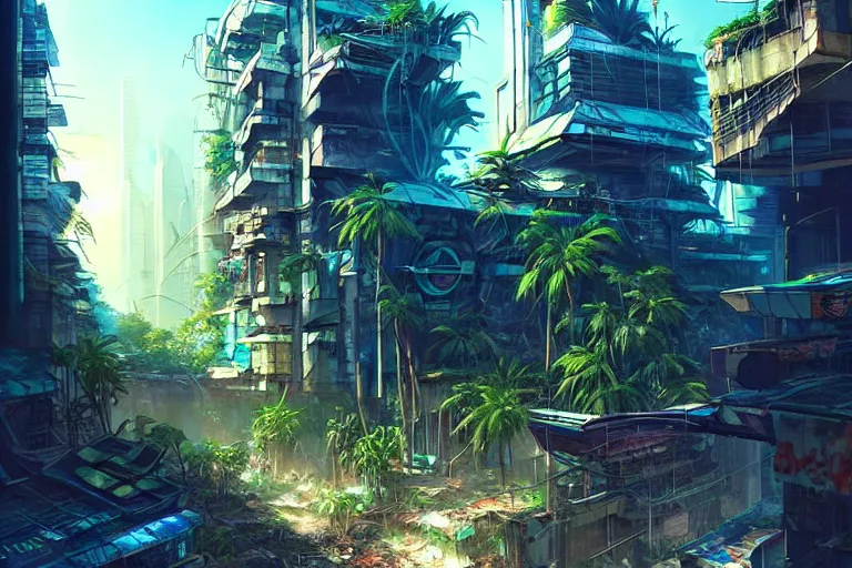 Image similar to a cyberpunk city in ruins, jungle plants overgrowing the streets and buildings, cats run through the ruins, drinking from pools of water and climbing on old fallen signs, by artgerm and amano and rutkowski and kincaid, trending on artstation