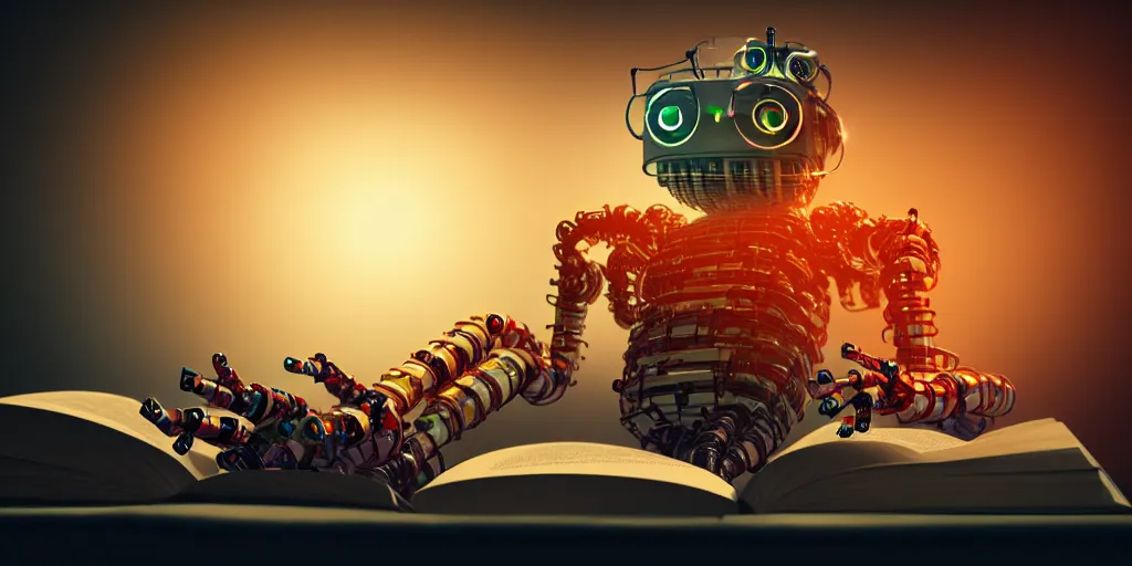 Image similar to A frightening multi armed evil robot devouring books with pipes and tubes and pages floating down, hyperealistic very colourful hdr cinematic lighting cgi render photorealistic cinematic octane render