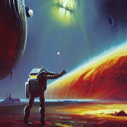 Image similar to a painting of a man standing in front of a giant alien, poster art john berkey and simon stalenhag and gilbert williams, cgsociety, space art, lovecraftian, cosmic horror, poster art