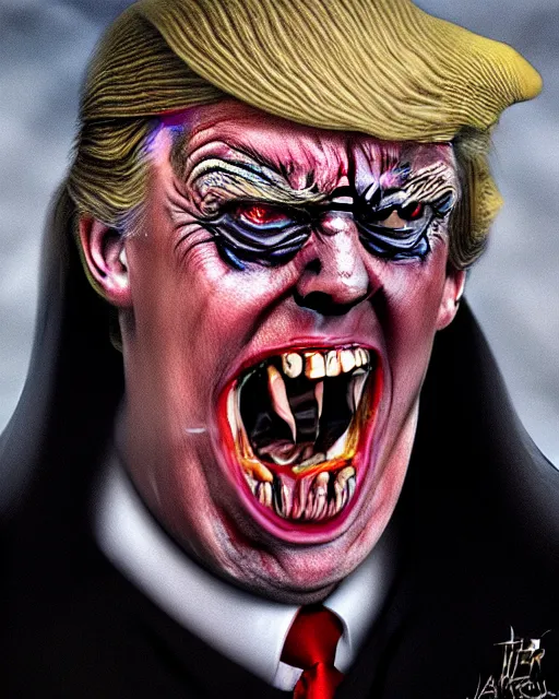 Image similar to donald trump as dracula with fangs out, character portrait, close up, concept art, intricate details, hyperrealism, photorealistic, in the style of otto dix and h. r giger