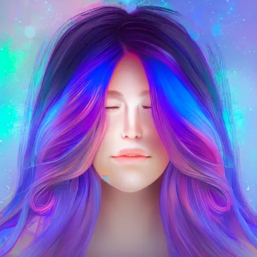 Prompt: portrait of a beautiful girl with iridescent translucent hair, her eyes are closed, hair is floating, digital art, ethereal