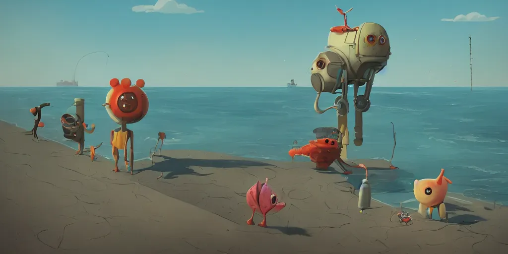 Prompt: cute monsters on vacation at the beach by Goro Fujita and Simon Stalenhag , 8k, trending on artstation, hyper detailed, cinematic