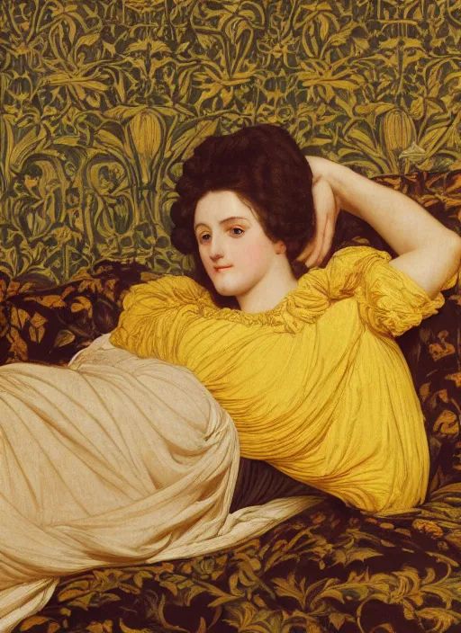 Image similar to masterpiece portrait of lady reclining on bed wearing yellow ochre ornate medieval dress, vertical, foreshortening, colour photography by frederic leighton, william morris, 8 k