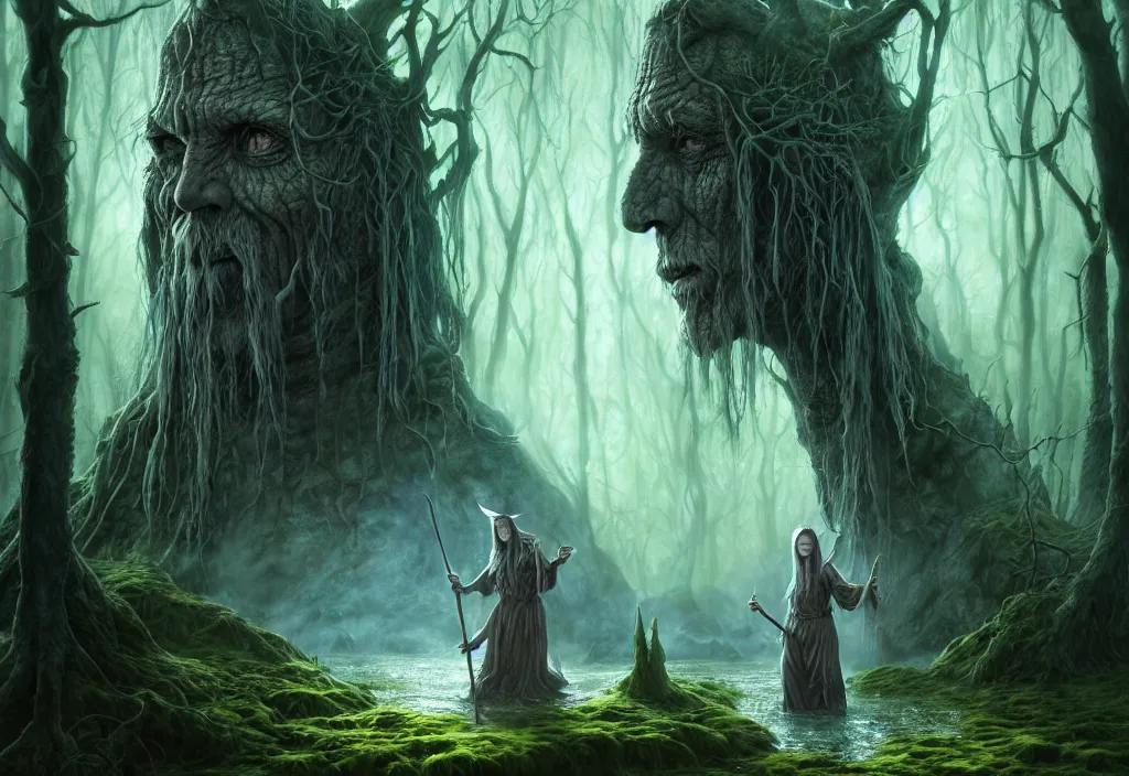 Image similar to mystical wizard in haunted swamp, highly detailed, d & d, fantasy, highly detailed, digital painting, trending on artstation, concept art, sharp focus, illustration, global illumination, ray tracing, realistic shaded, art by artgerm and greg rutkowski and fuji choko and viktoria gavrilenko and hoang lap