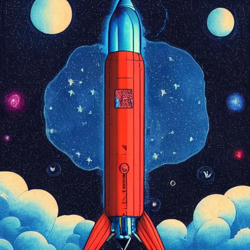 Prompt: a frontal drawing of a vertical space rocket centered with a dark blue background and colorful clouds with stars from akira, centered, graduation album cover color palette by martine johanna and simon stalenhag and chie yoshii and casey weldon and wlop ornate, dynamic, particulate, rich colors, intricate, elegant, highly detailed, vogue, harper's bazaar art
