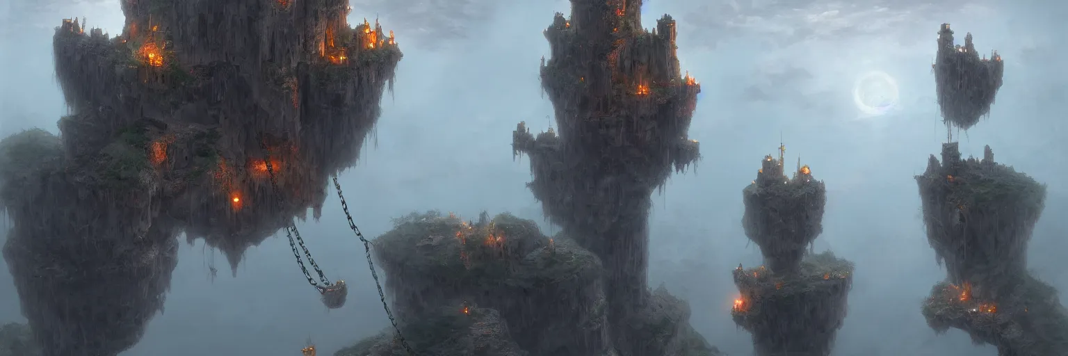 Prompt: floating castle hanging by chains in the air, inside a gorge, below only cloud dark void, 8k resolution, by Tatsuyuki Tanaka, artstation trends