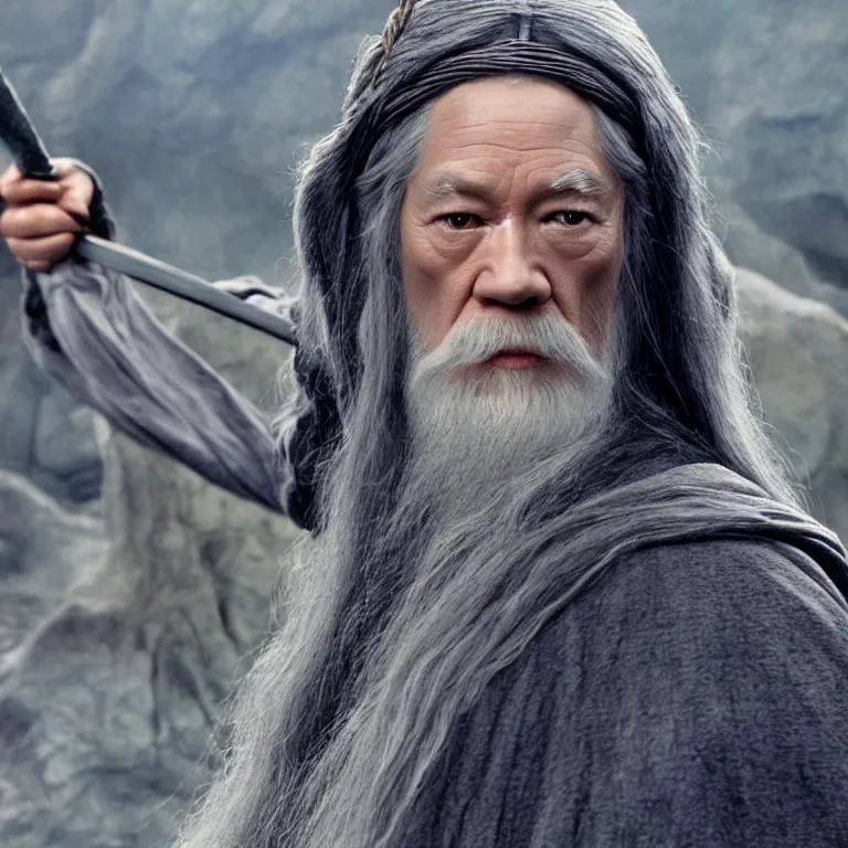 Prompt: film still of Lucy Liu as Gandalf in Lord of the Rings,