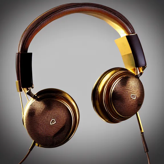 Image similar to masterpiece photo of beautiful crafted retro bismuth headphones in a silk padded leather case, gold metal, bismuth cups, leather padding, displayed on mahogany desk, modernist headphones, wood headphones beautiful well designed, hyperrealistic, audiophile, intricate hyper detail, extreme high quality, photographic, meze audio, sennheiser, hifiman, artstation