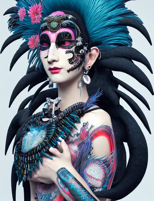 Image similar to 3 d goddess close - up profile portrait punk with mohawk with ram skull. beautiful intricately detailed japanese crow kitsune mask and clasical japanese kimono. betta fish, jellyfish phoenix, bio luminescent, plasma, ice, water, wind, creature, artwork by tooth wu and wlop and beeple and greg rutkowski