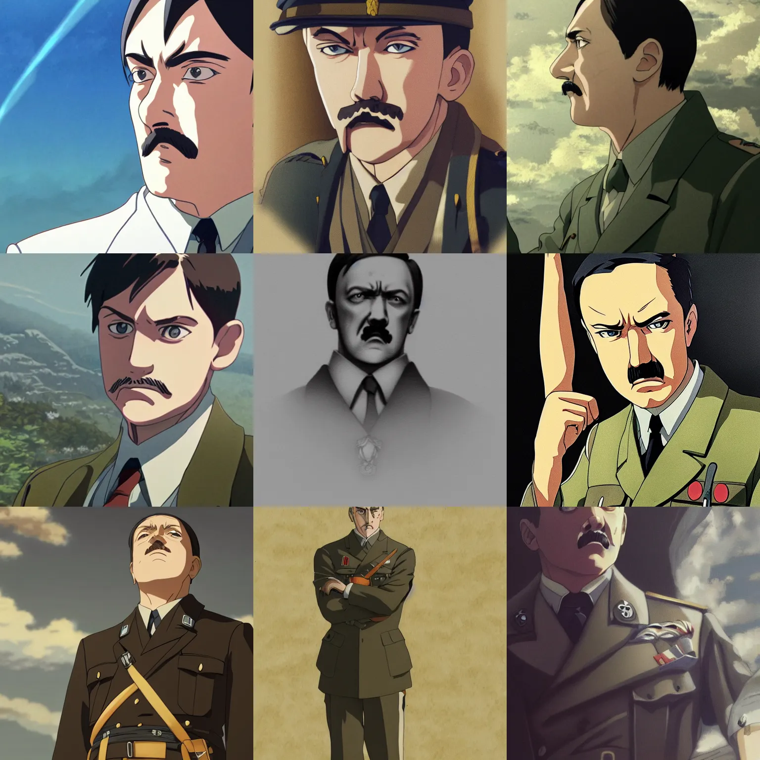 Prompt: a film still portrait of hitler, finely detailed features, perfect art, anime key visual, trending on pixiv fanbox, painted by makoto shinkai, takashi takeuchi, studio ghibli