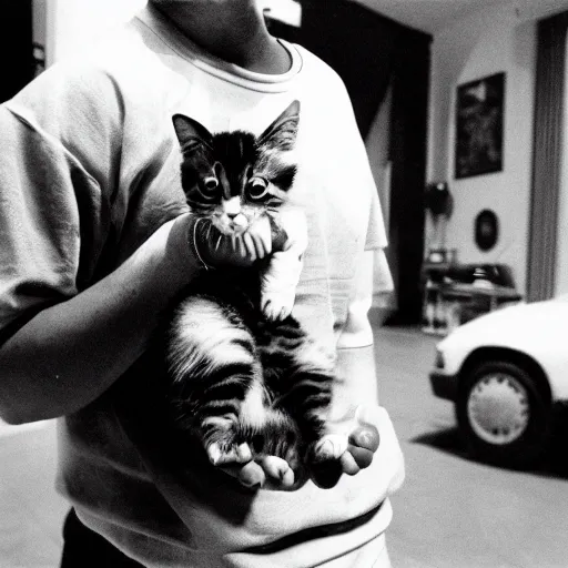 Image similar to 15mm wide-angle lens photo of a rapper in 1990 New York holding a kitten up to the camera