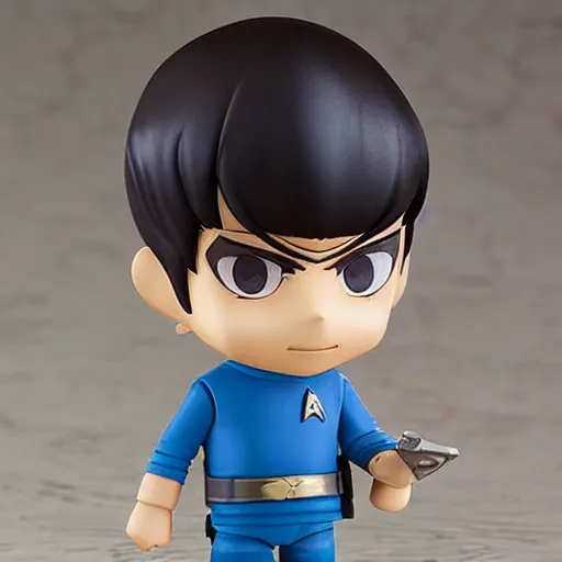 Image similar to spock from the tv series star trek, serious look, pointed ears, spock haircut, as an anime nendoroid, starfleet uniform, detailed product photo