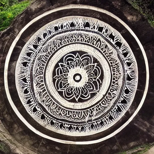 Prompt: mandala carved into the side of a mountain