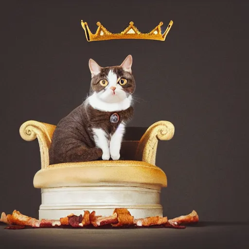 Prompt: a cute cat wearing a crown sitting on top of a throne made of bacon