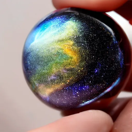 Prompt: high definition galaxy encapsulated inside a glass marble, held in between fingers, being thrown at other similar marbles, ultra realistic