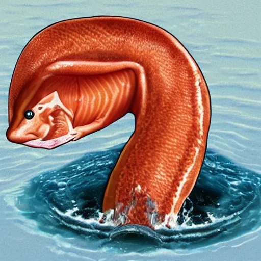 Image similar to salmon hybrid chimera with salman rushdie's face swimming in a river