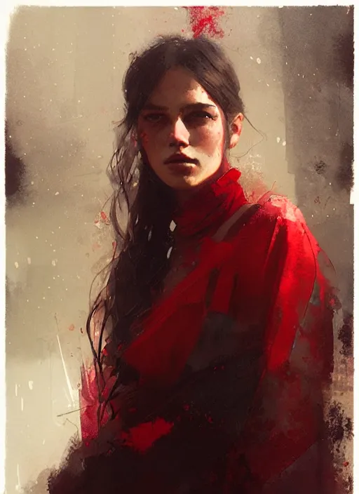 Image similar to outdoor portrait of a beautiful girl, shades of red and green, beautiful face, rule of thirds, intricate outfit, spotlight, by greg rutkowski, by jeremy mann, digital painting