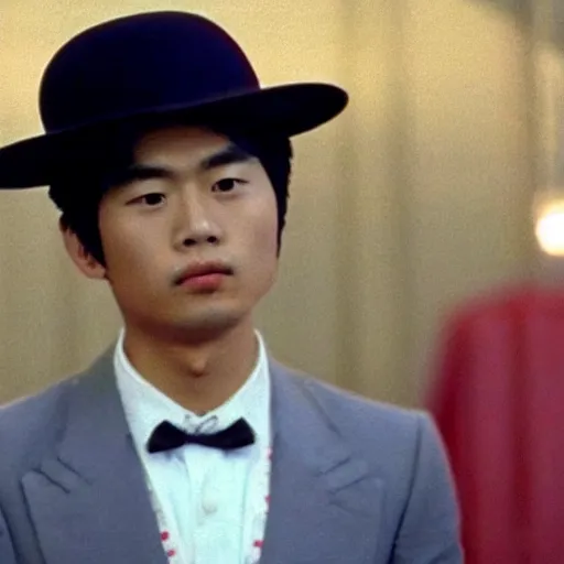 Image similar to a film still of a asian young man wearing a red blouse with a black oval hat in Twin Peaks(1990)