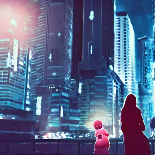 Image similar to two androids holding a human baby in a futuristic city scape. cinematic shot.