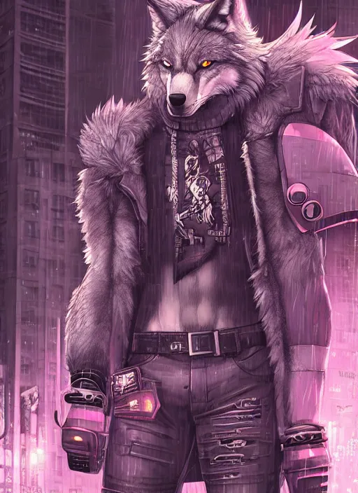 Image similar to character portrait of a male muscular anthro wolf fursona with a tail and a cute beautiful attractive detailed furry face wearing stylish cyberpunk clothes in a cyberpunk city at night while it rains. hidari, color page, tankoban, 4K, tone mapping, Akihiko Yoshida. Nomax, Kenket, Rukis, Falvie.