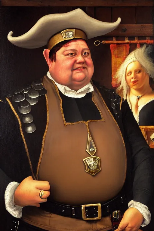Image similar to high fantasy elf mall cop at a tavern with a sheriff's badge that is fat, shifty, and incompetent, portrait from the chest up, Famous painting by Renaissance Painter Carvagio, Oil Painting, hyper realistic,, 8k UHD scan